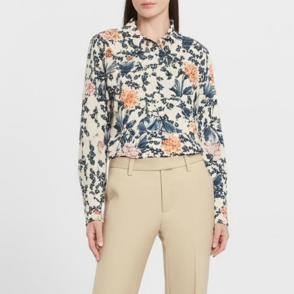 T Tahari Blouse‎ XS Blue Floral Collared Button-Up Blouse Elegant Chic Feminine